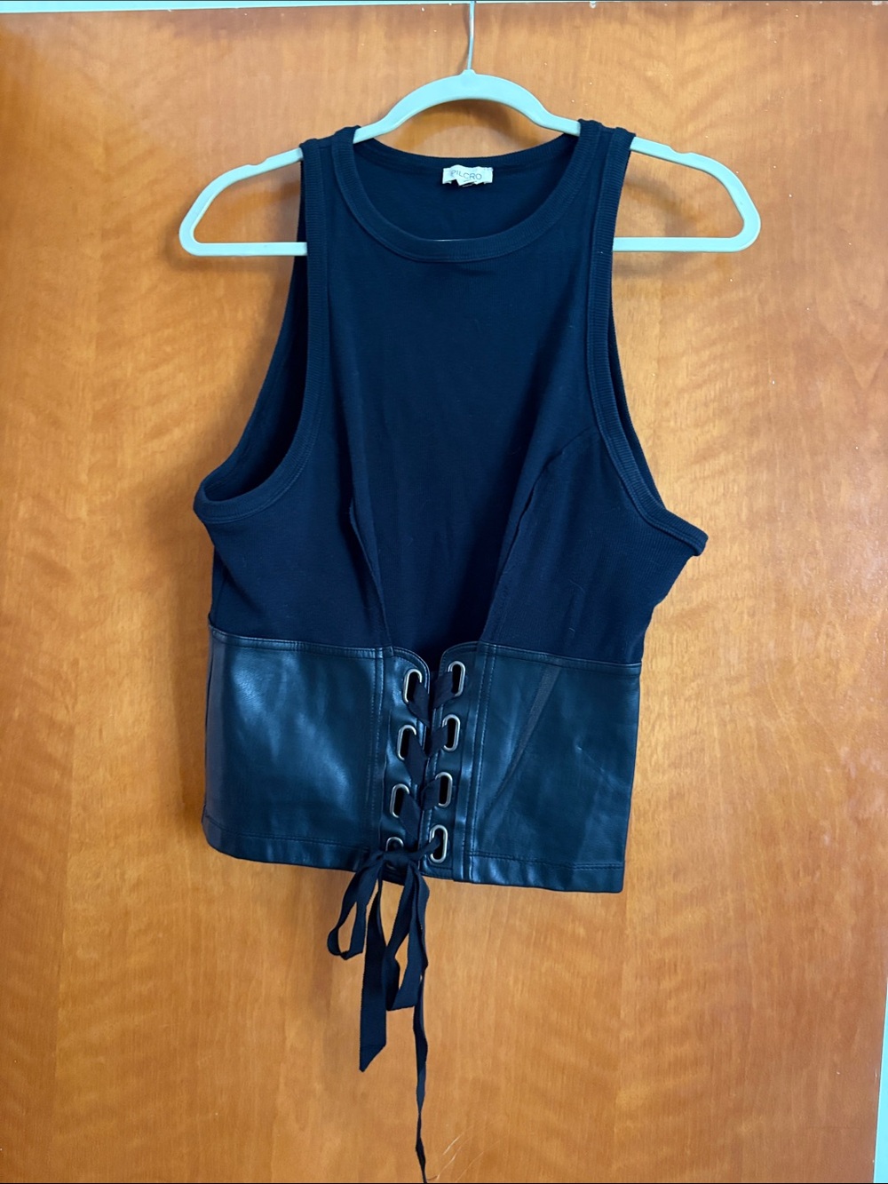 Anthropologie Pilcro Black Ribbed Tank with Faux Leather Lace-Up Waist